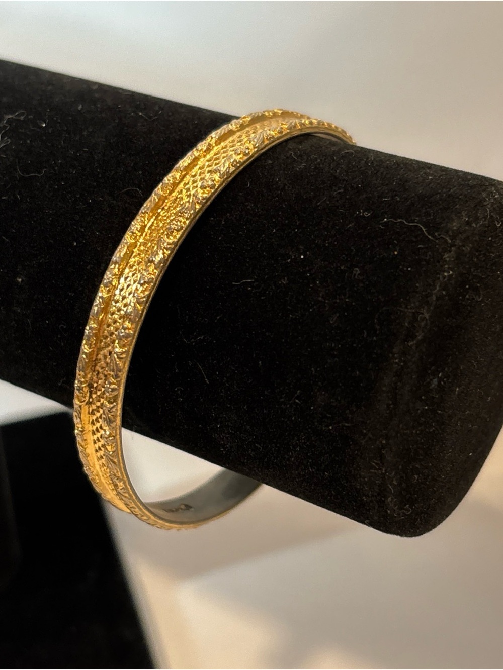 Vintage Monet Gold Tone Textured Bangle Bracelet Etched Floral Design